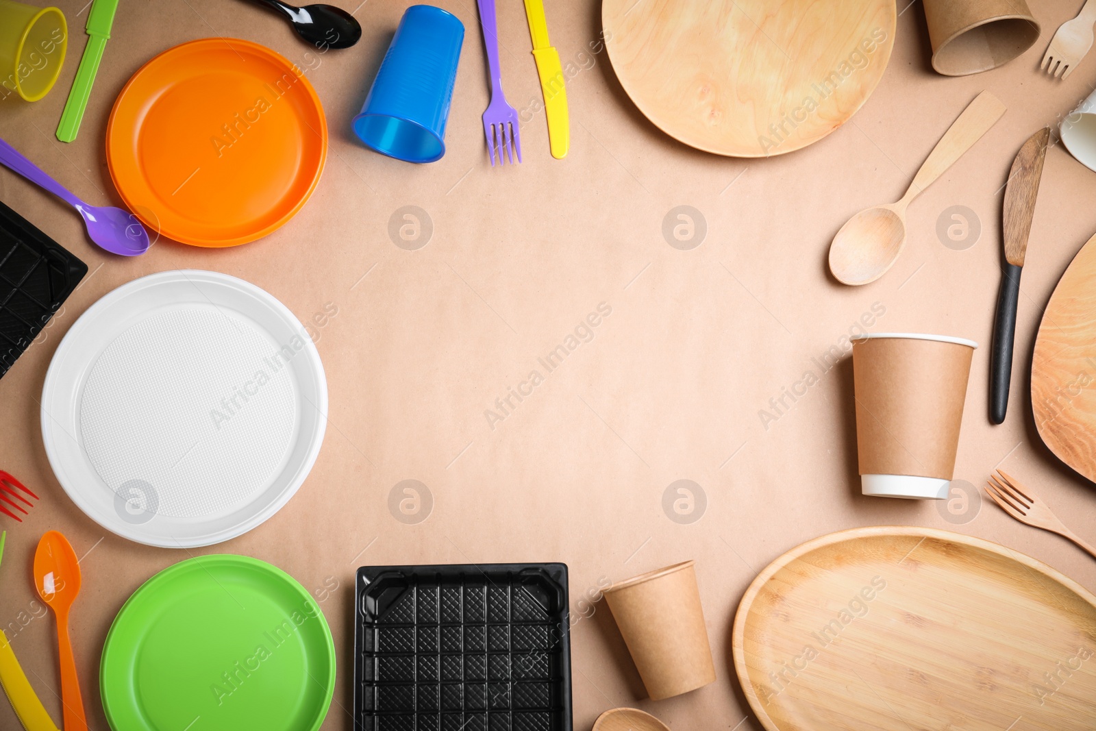 Photo of Flat lay composition with plastic, paper and wooden utensil on beige background, space for text. Recycling concept