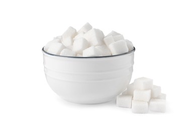 Bowl and refined sugar cubes on white background