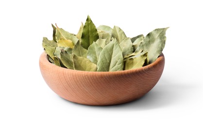 Photo of Aromatic bay leaves in wooden bowl on white background