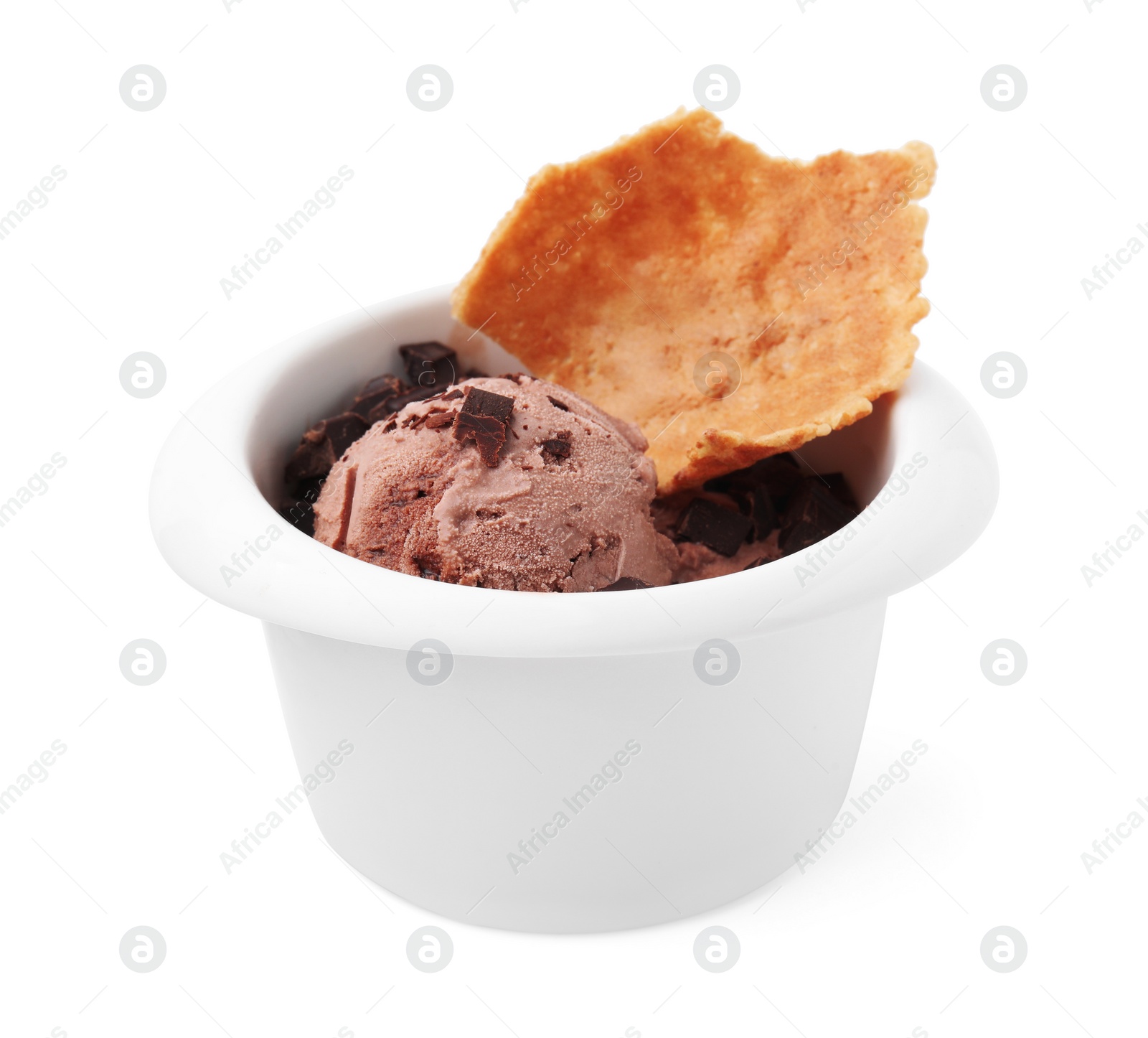 Photo of Tasty chocolate ice cream and piece of waffle cone in bowl isolated on white