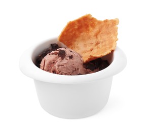 Photo of Tasty chocolate ice cream and piece of waffle cone in bowl isolated on white