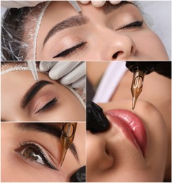 Collage with different photos of women undergoing permanent makeup procedures