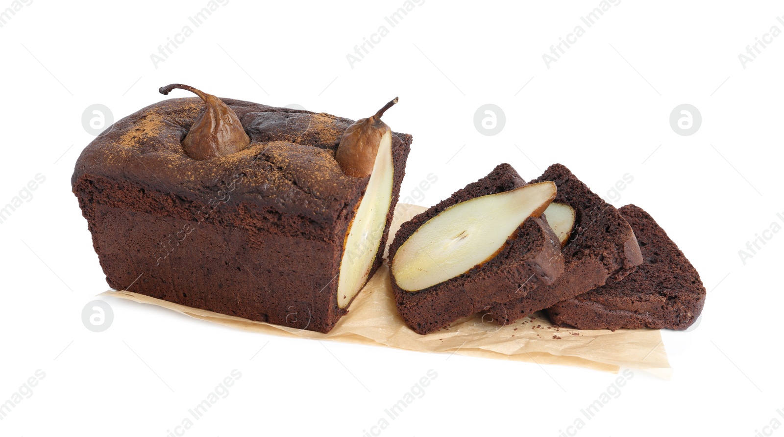 Photo of Tasty pear bread isolated on white. Homemade cake