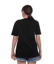 Woman in stylish black t-shirt on white background, back view