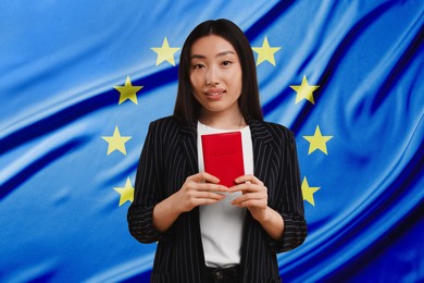Image of Immigration. Woman with passport against flag of European Union