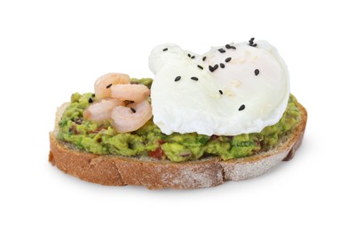 Delicious sandwich with guacamole, shrimps and fried egg isolated on white