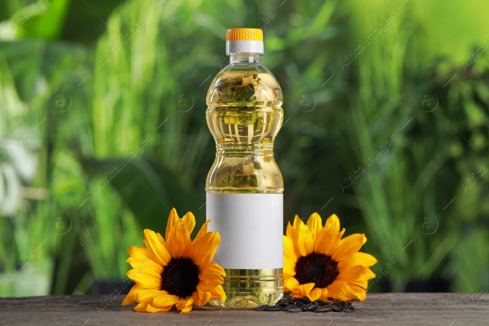Photo of Bottle of cooking oil, sunflowers and seeds on wooden table against blurred background