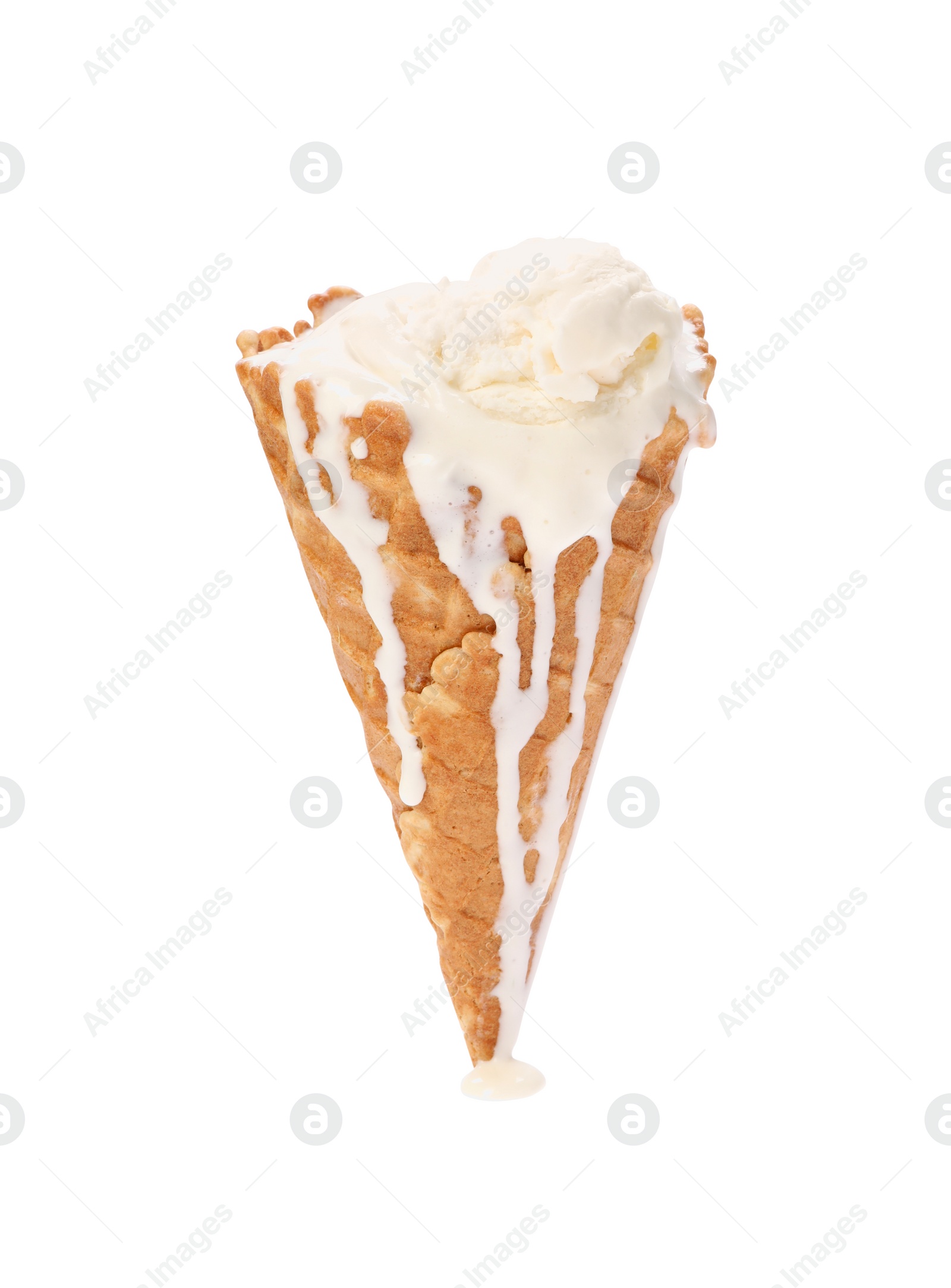 Photo of Melting ice cream in wafer cone isolated on white