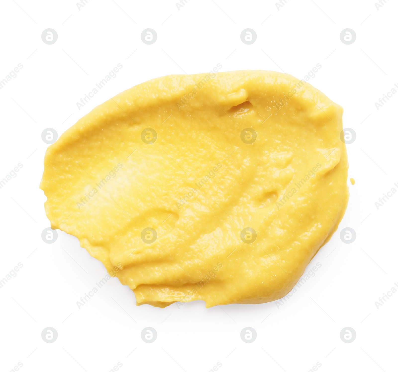 Photo of Smear of delicious mustard isolated on white, top view