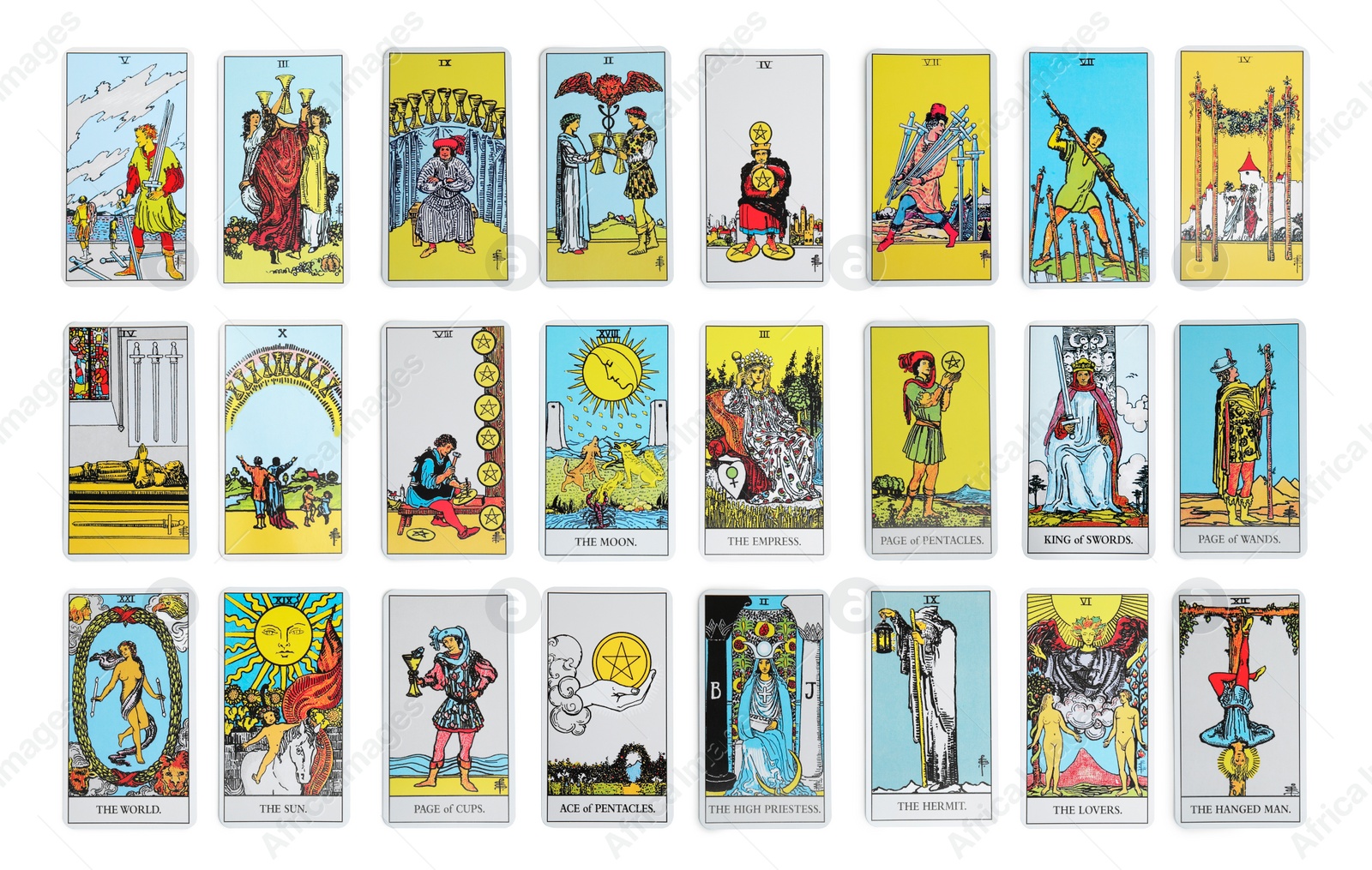 Image of Set with different tarot cards on white background