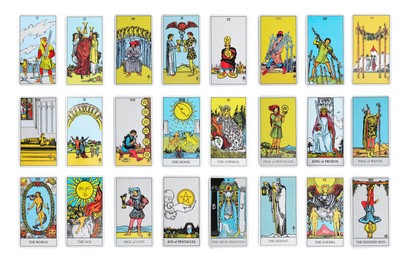 Image of Set with different tarot cards on white background