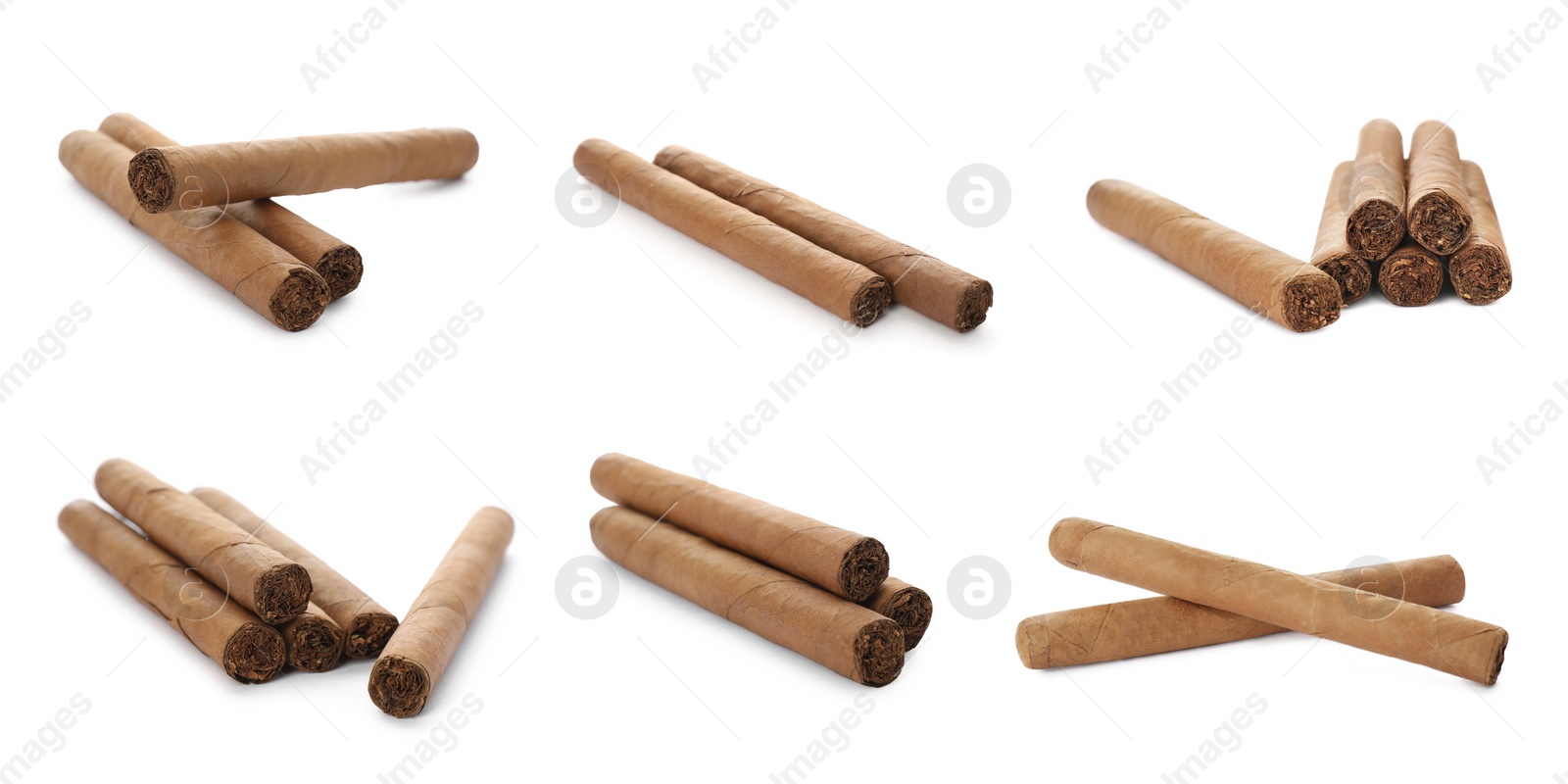 Image of Set of cigars wrapped in tobacco leaves on white background. Banner design