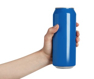 Woman holding blue aluminum can on white background, closeup