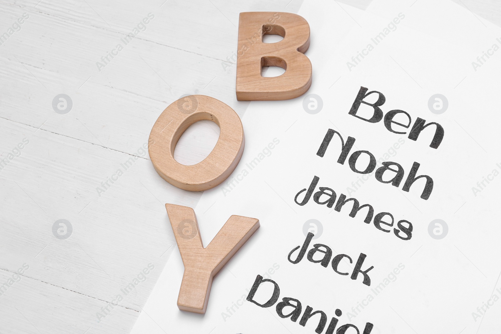 Photo of List of baby names and wooden letters on white table