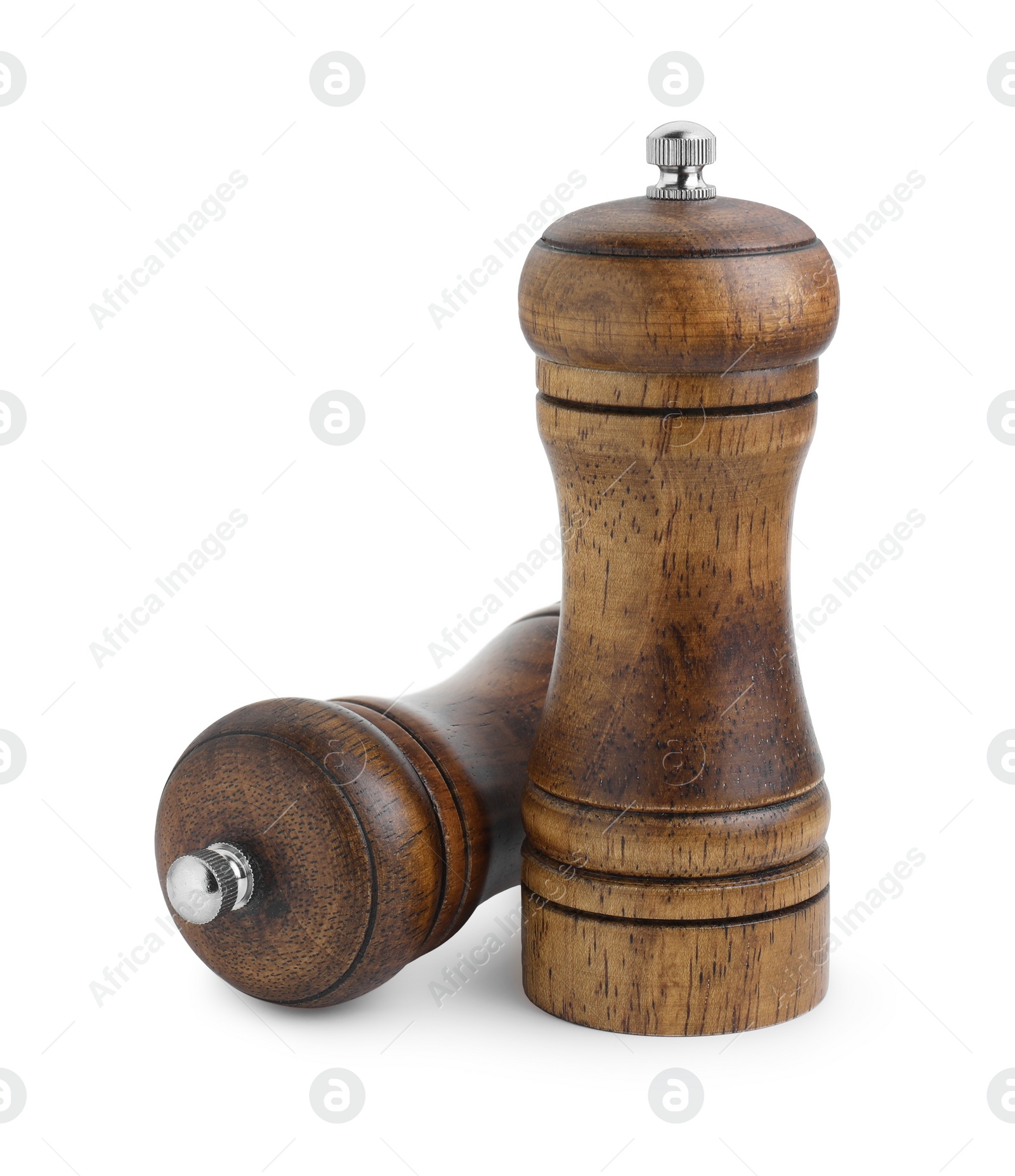 Photo of Wooden salt and pepper shakers isolated on white