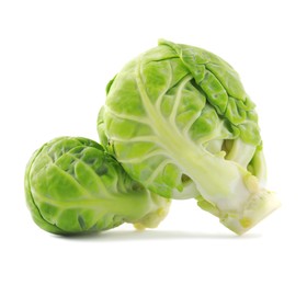 Photo of Fresh green brussels sprouts on white background