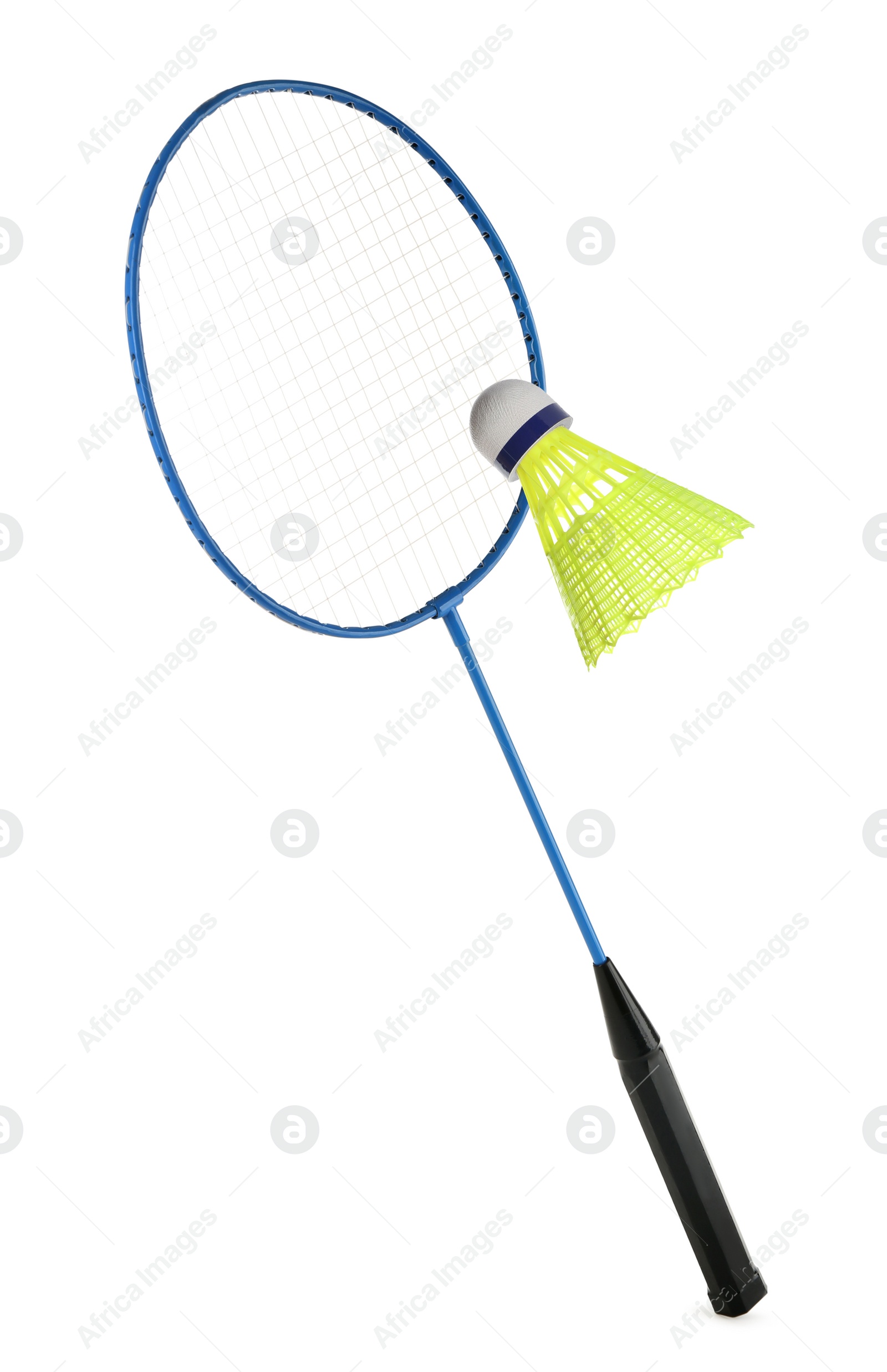 Image of Badminton racket and shuttlecock on white background. Sports equipment