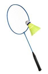 Image of Badminton racket and shuttlecock on white background. Sports equipment