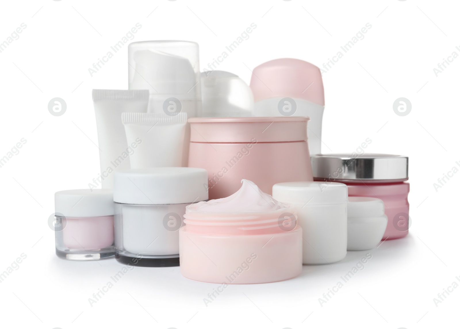 Photo of Different body care products on white background