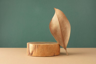 Photo of Presentation for product. Wooden podium and dry leaf on color background. Space for text