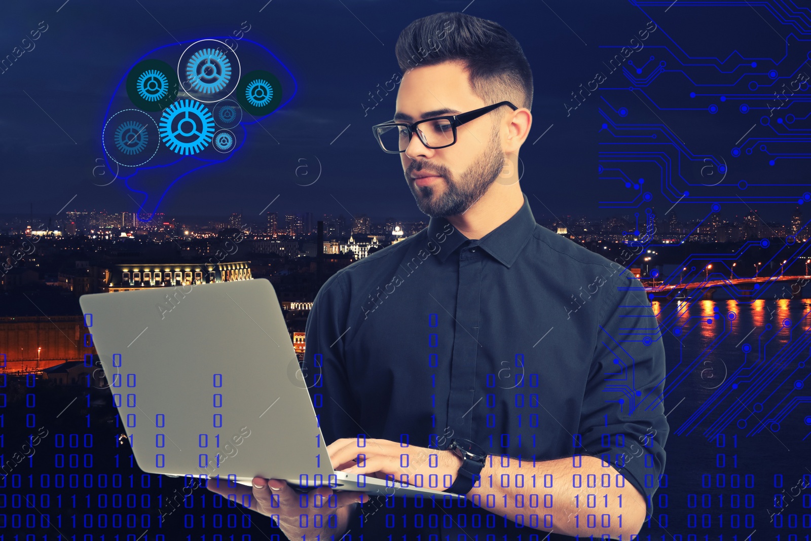 Image of Young man using laptop with virtual image of brain and cityscape on background. Machine learning concept 