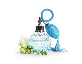 Photo of Bottle of luxury perfume and beautiful flower isolated on white