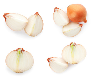 Image of Set of yellow cut and whole onion on white background, top view