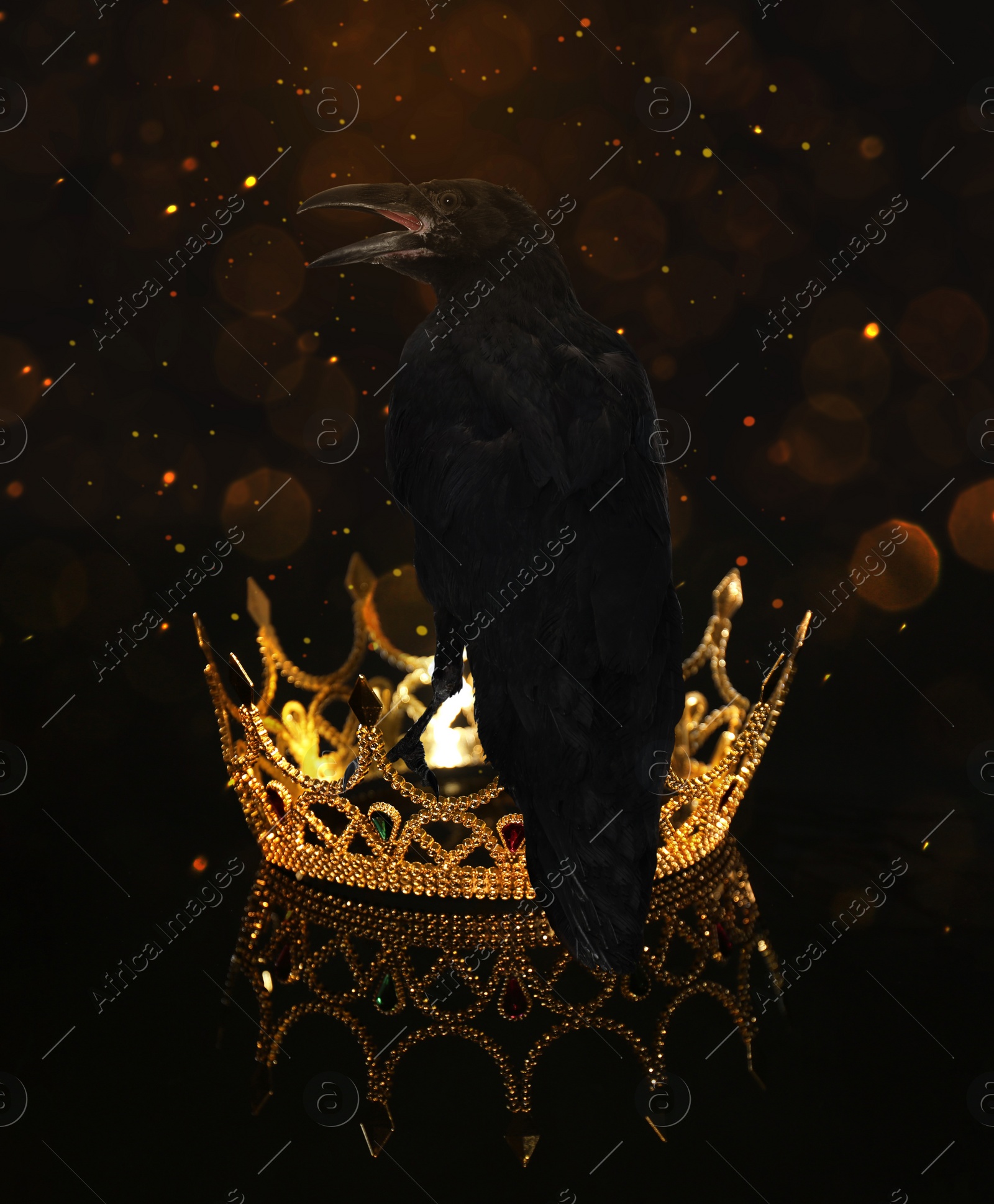 Image of Fantasy world. Black crow sitting on golden crown, bokeh effect