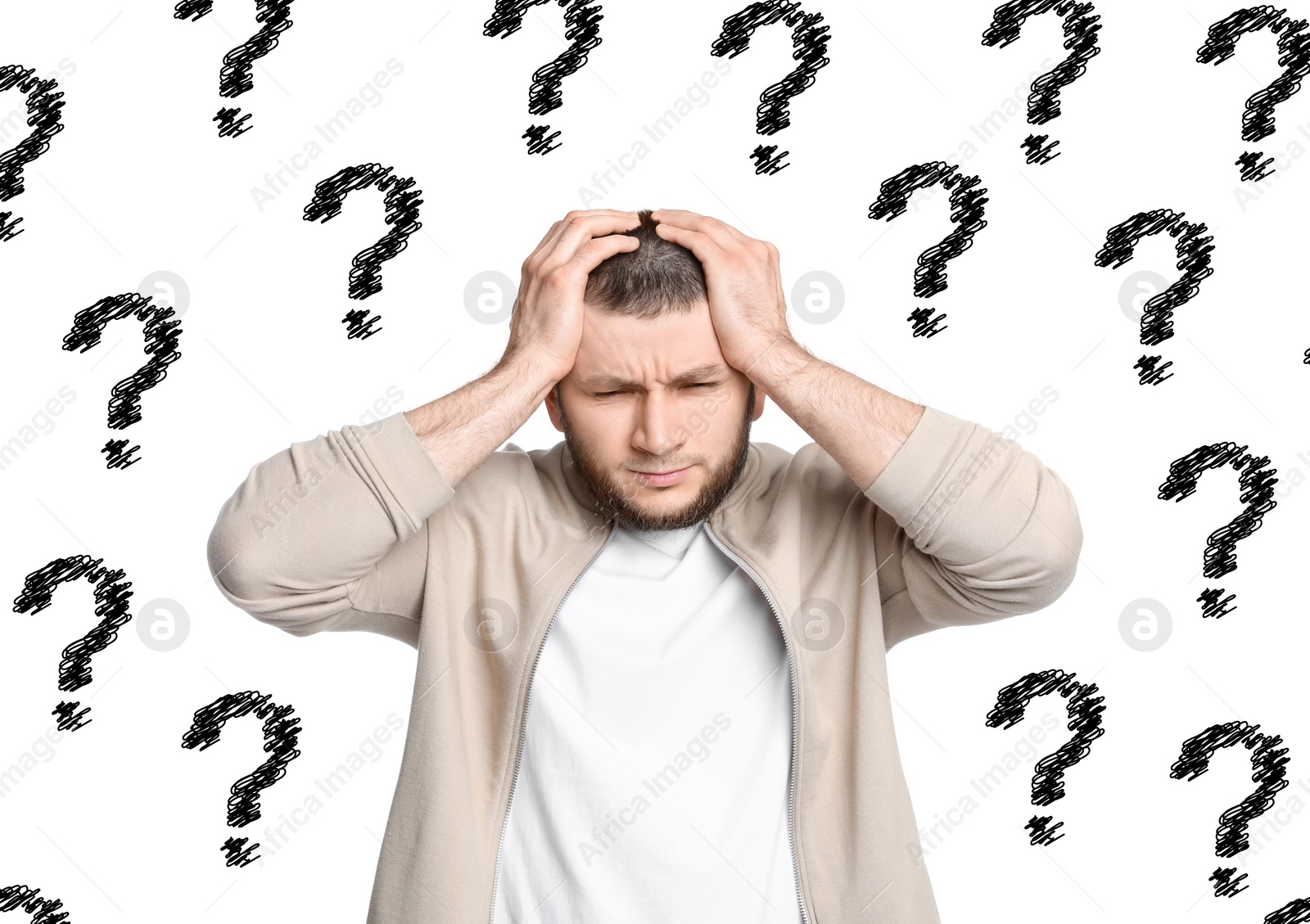 Image of Amnesia. Confused man and question marks on white background