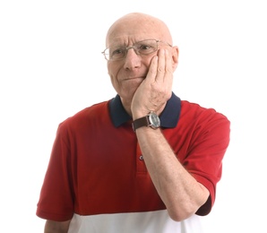 Elderly man suffering from pain on white background
