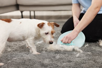 Man with brush and pan removing pet hair from carpet at home, closeup