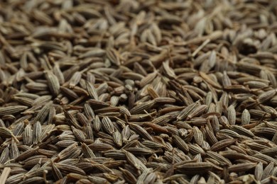 Photo of Aromatic caraway seeds as background, closeup view