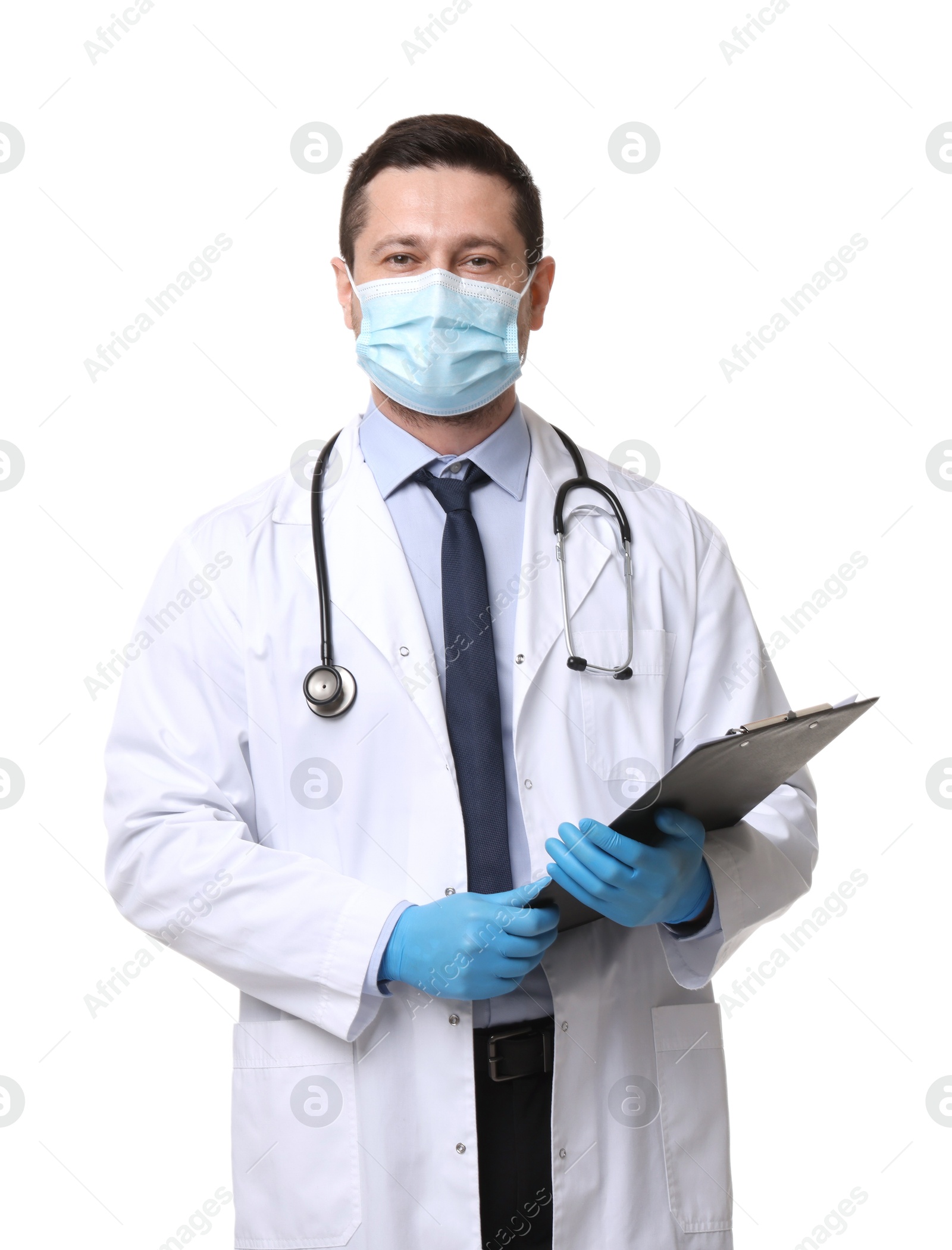 Photo of Doctor in medical mask with clipboard isolated on white