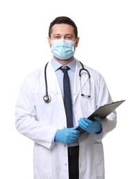 Doctor in medical mask with clipboard isolated on white