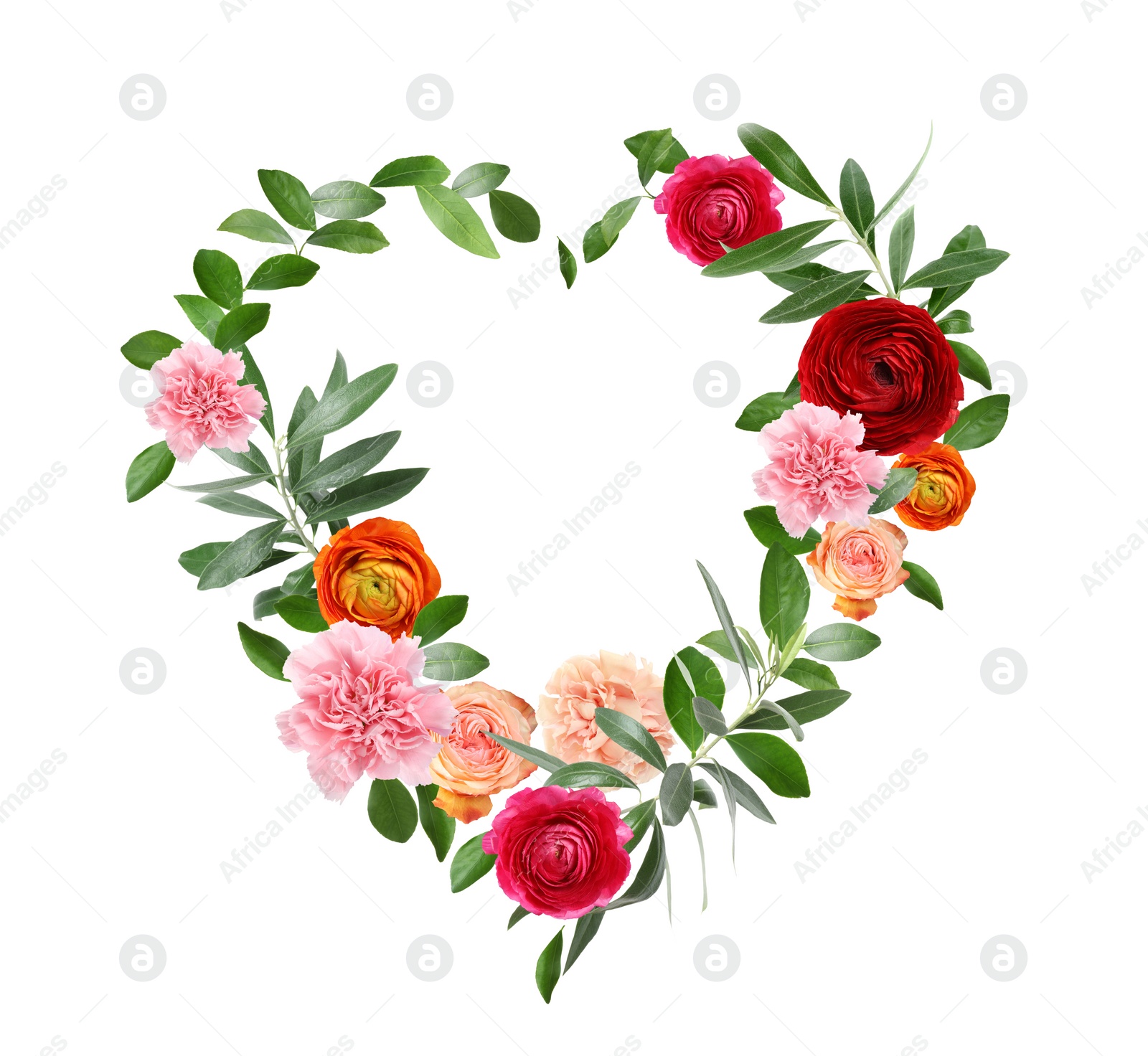 Image of Beautiful heart shaped composition made with tender flowers and green leaves on white background