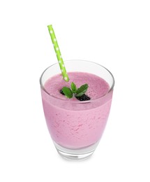 Photo of Delicious blackberry smoothie with straw in glass on white background