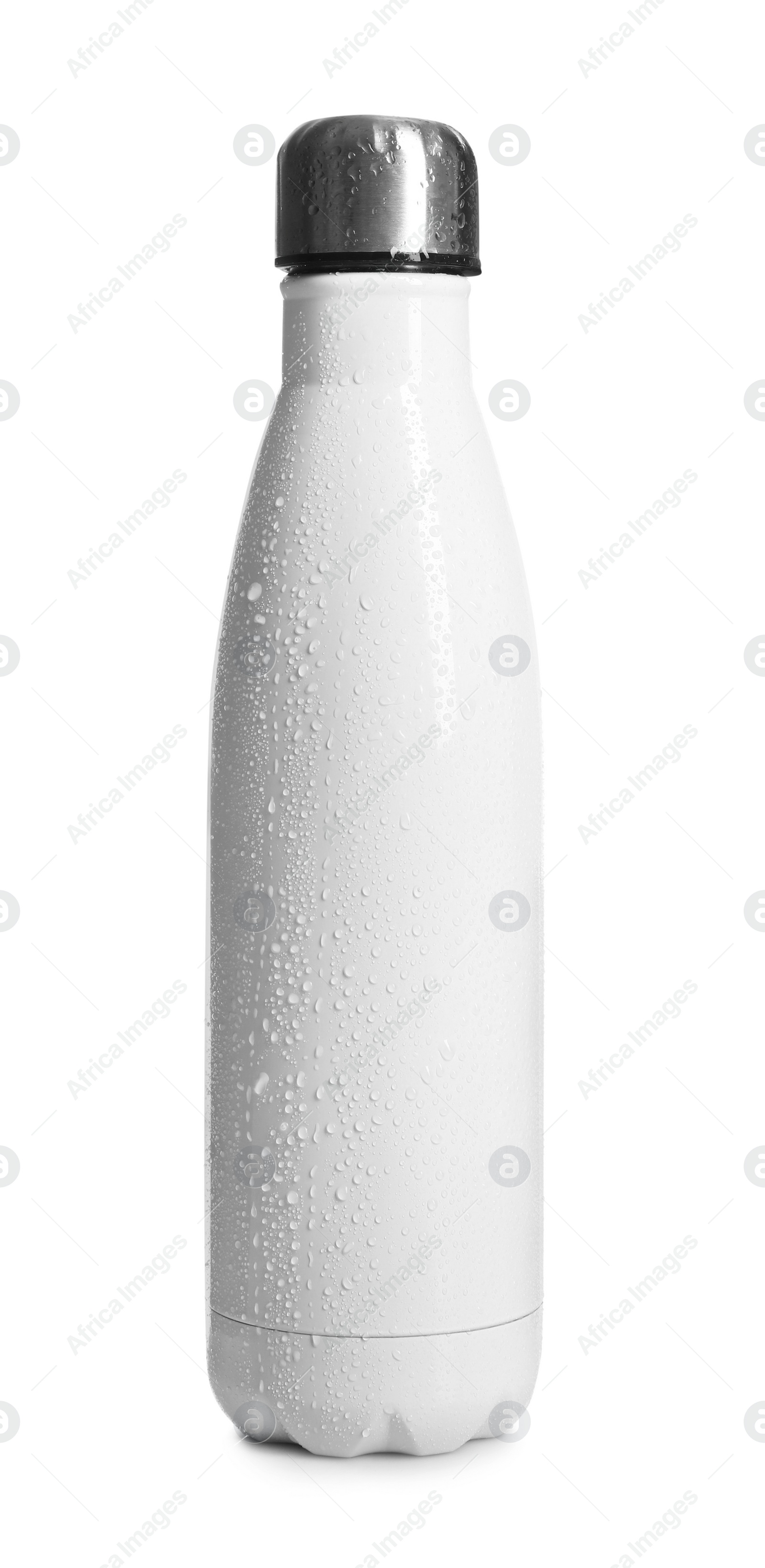 Photo of Stylish closed thermo bottle with water drops isolated on white