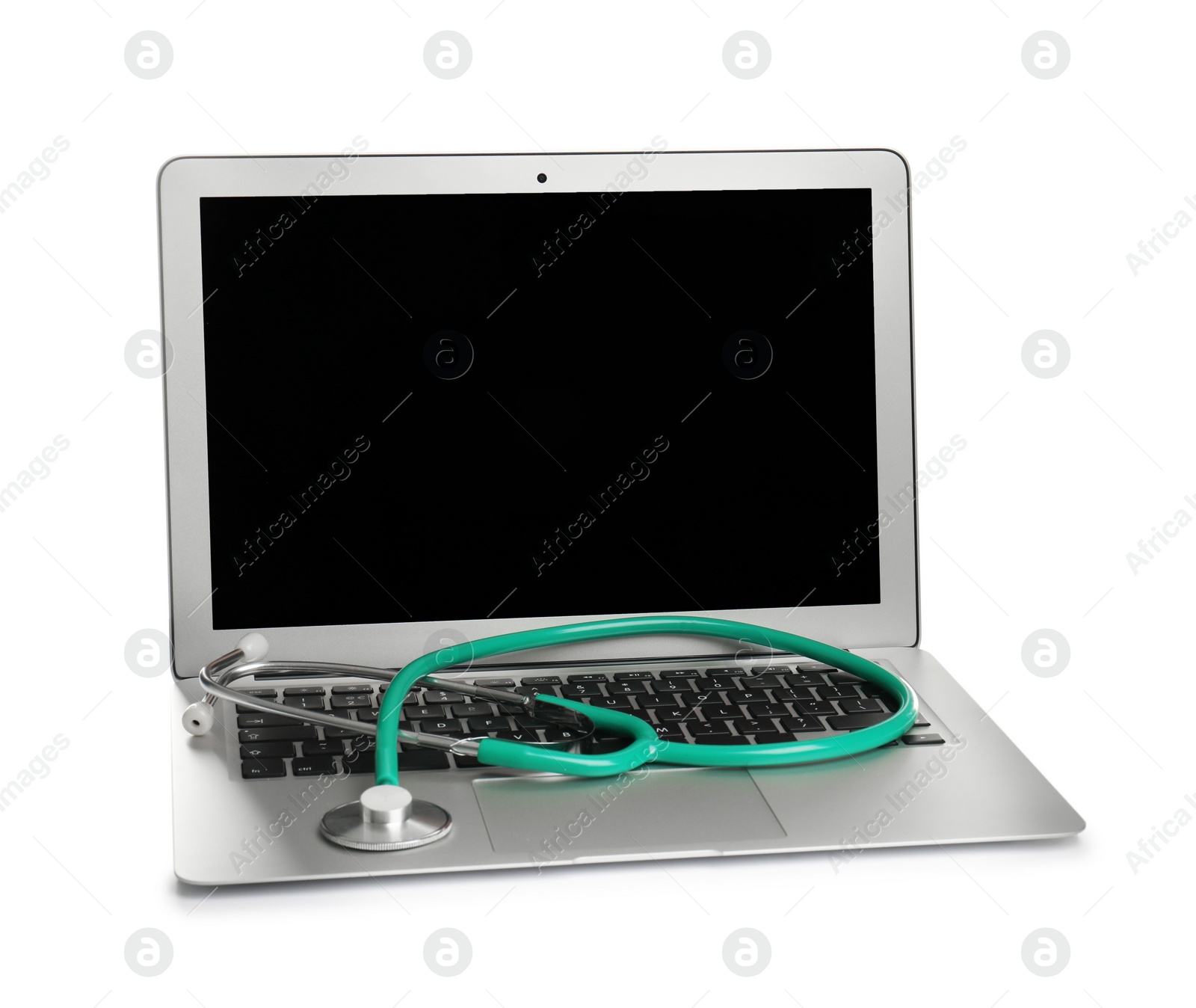 Photo of Modern laptop with stethoscope on white background. Mockup for design