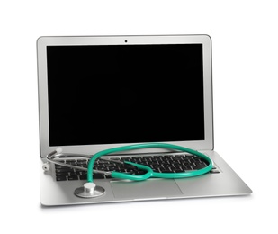 Photo of Modern laptop with stethoscope on white background. Mockup for design