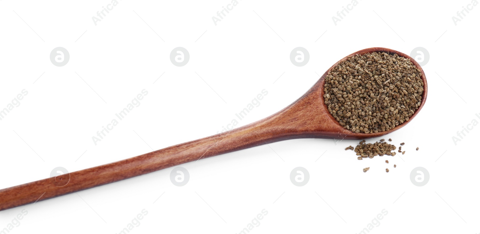 Photo of Spoon of celery seeds on white background, top view