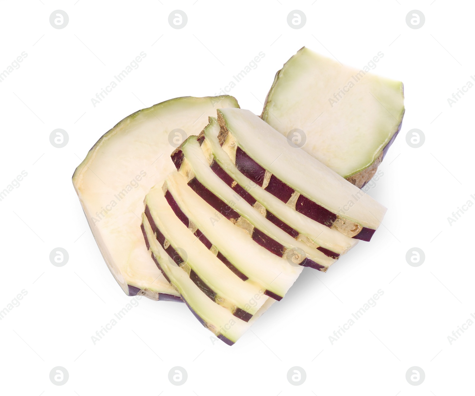 Photo of Slices of tasty Kohlrabi cabbage on white background, top view