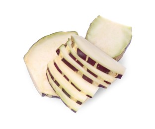 Photo of Slices of tasty Kohlrabi cabbage on white background, top view
