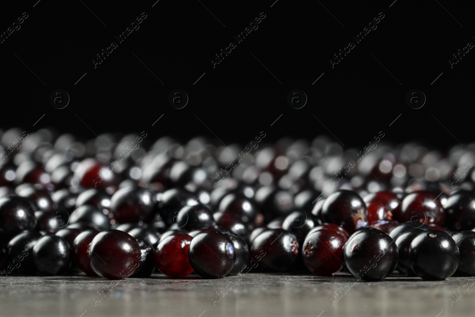 Photo of Many elderberries (Sambucus) on grey table, closeup. Space for text