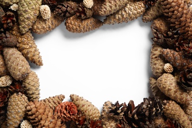 Photo of Frame of pinecones on white background, flat lay. Space for text