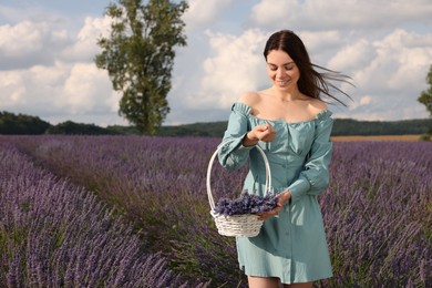Photo of Smiling woman with basket in lavender field. Space for text
