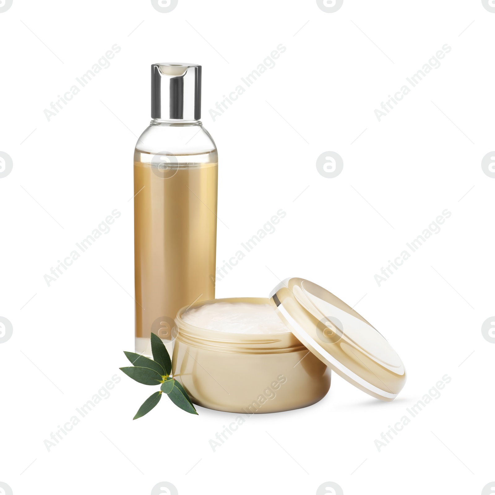 Photo of Cosmetic products and plant isolated on white