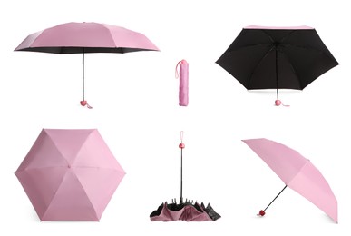 Image of Set with stylish pink umbrellas on white background