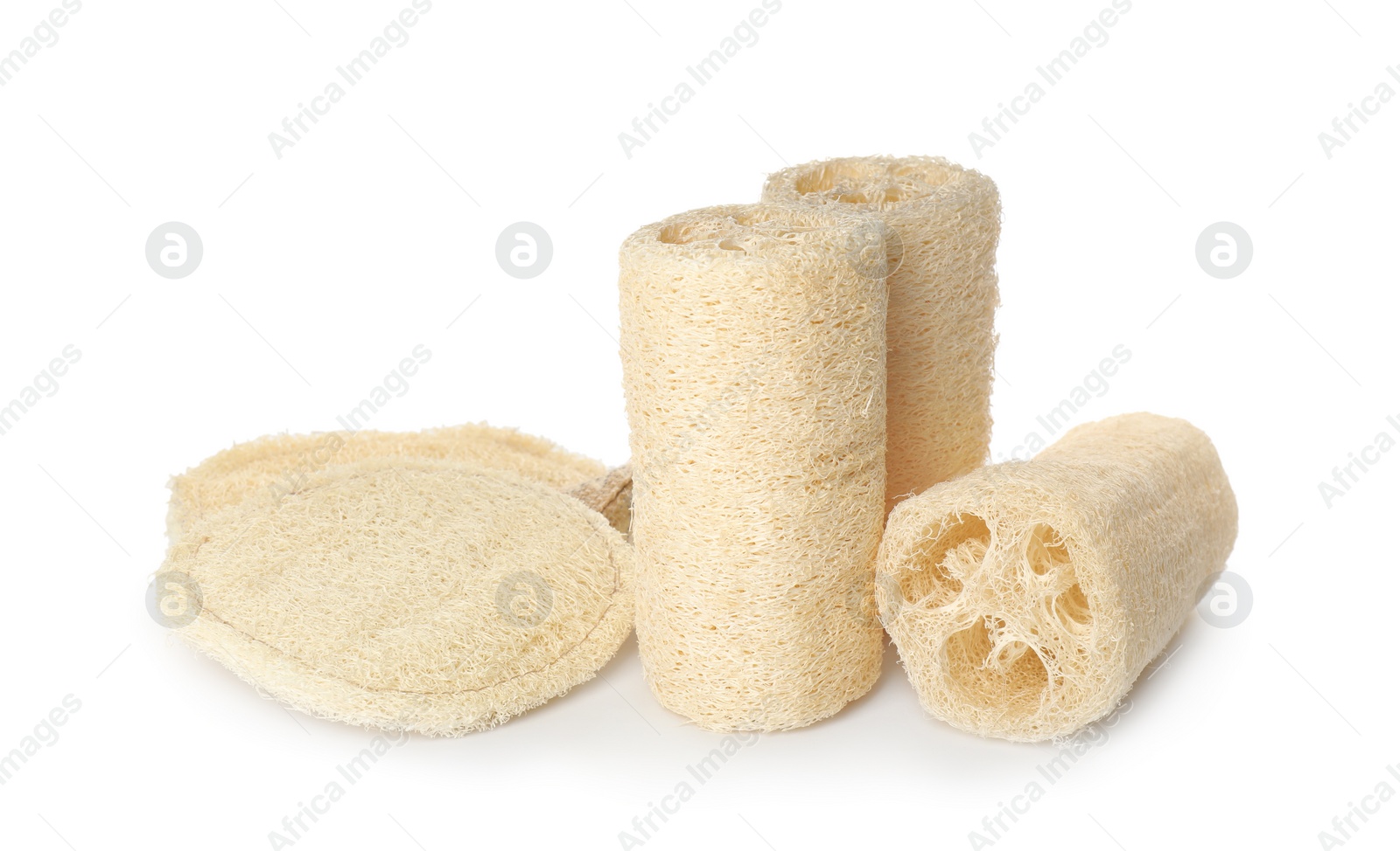 Photo of Different natural loofah sponges isolated on white