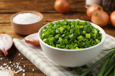 Photo of Chopped green onion in bowl on wooden table