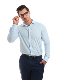 Young man with glasses on white background